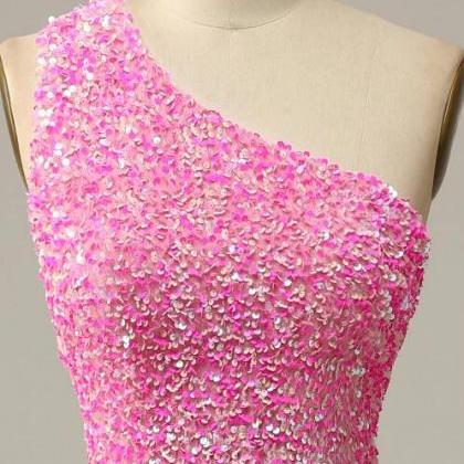 Pink Sequined One Shoulder Mermaid Prom Dress With..