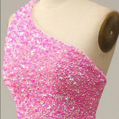 Pink Sequined One Shoulder Mermaid Prom Dress With..