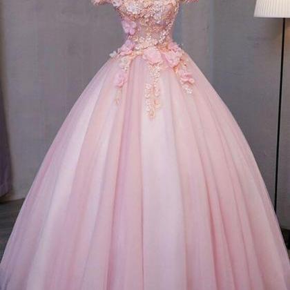 Off Shoulder Pink Tulle Puffy Long Formal Prom..