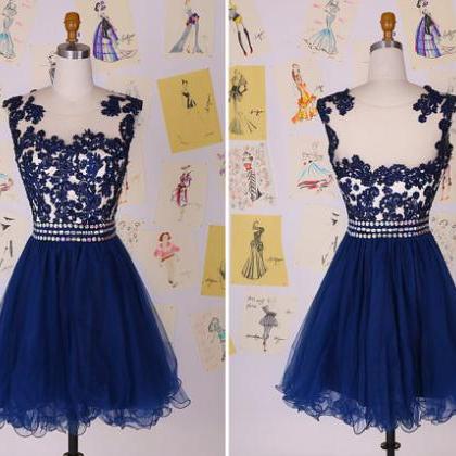 Pga14 Navy Blue Beading Lace Short Prom Dress/lace..