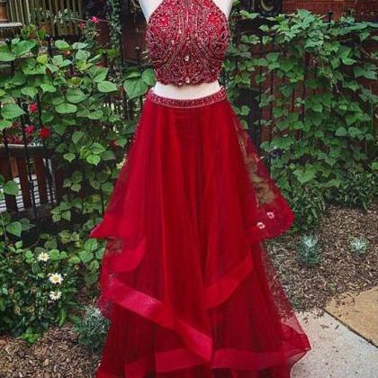 Custom Made Red Two Pieces Sequin Long Prom Dress,..