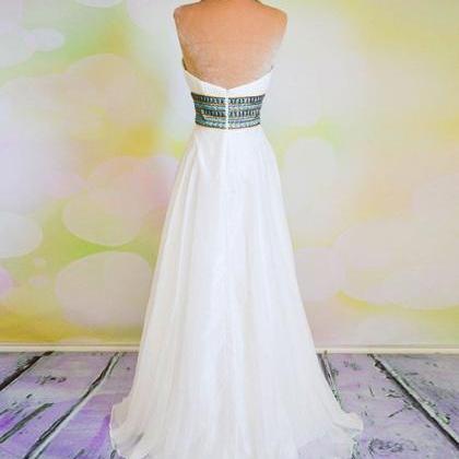White A-line Rhinestone Backless Long Prom Dress,..