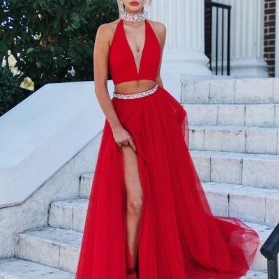 2018 Prom Dresses,Red Evening Gowns,Two Piece Prom Dress,High Neck Prom Dress,Tulle Prom Dress,Deep V-neck Prom Dress,Hot Sale Prom Dress
