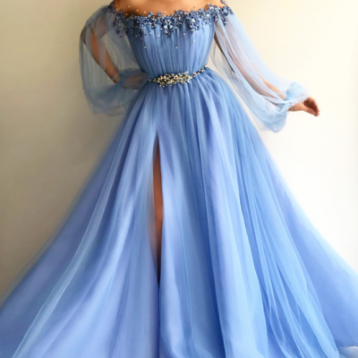 Petite Blue Hot Long 2018 Prom Dress Sexy Slit Evening Dress A-Line Prom Dresses