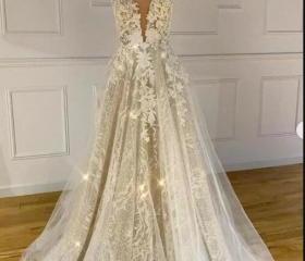 Lace and Tulle Floor Length Dress with V neck Vintage Mauve main image 0
