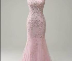 Pink Mermaid Spaghetti Straps Lace Up Long Prom Dress with Appliques main image 1