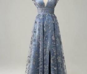 A-line V-neck Velvet Dress With Slit Sky Blue Plus Size main image 1