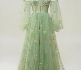 Modern Dark Green A-line Off-the-shoulder Long Sleeves Velvet Prom Dress With Slit main image 0