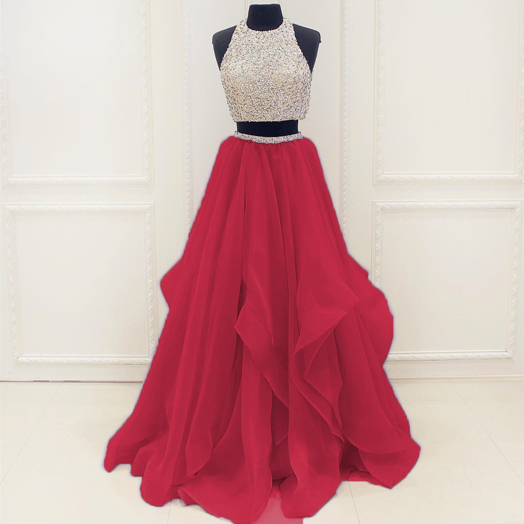 30d Chiffon Fashion Two Pieces Beaded Deep Red Organza Prom Dresses,straps Prom Dresses,sparkle Party Dresses,beaded Formal Dresses,sexy Red Prom