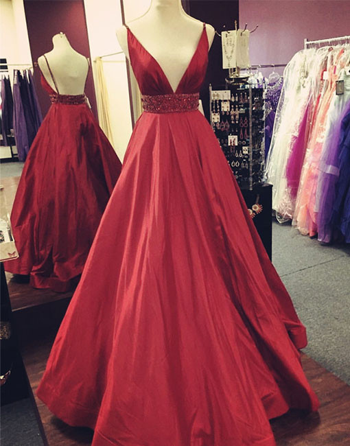 Taffeta Prom Dresses, Prom Dresses 2018,red V-neck Satin Prom Dress,long Evening Dress With Waist Beaded,red Evening Dresses