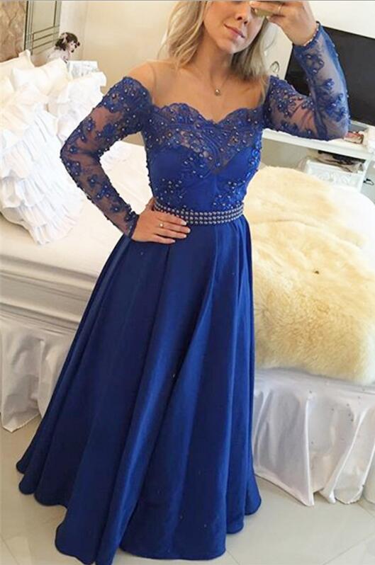 Beading Lace Evening Dress ,with Long Sleeves Royal Blue Prom Gowns, Modest Prom Dresses, Teens Formal Charming Prom Dress,lace Bridesmaid