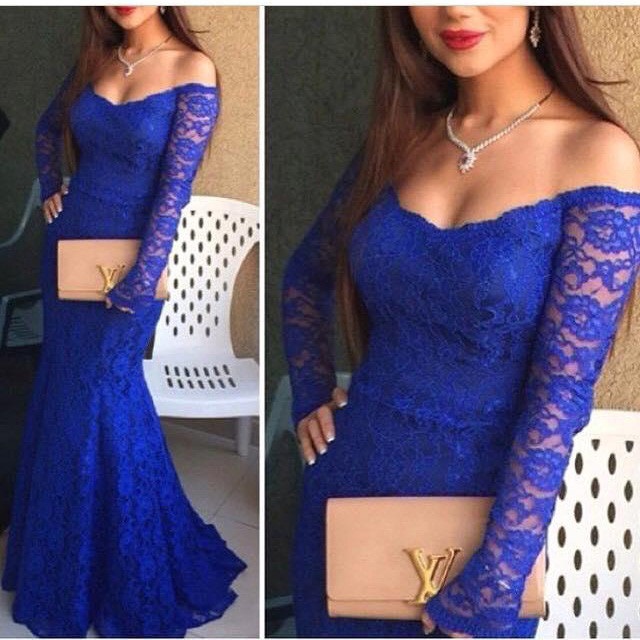 Sexy Royal Blue Prom Dresses, Lace Evening Dress, Evening Dress,mermaid Prom Dresses,long Sleeve Evening Dress,backless Chiffon Prom Dresses,