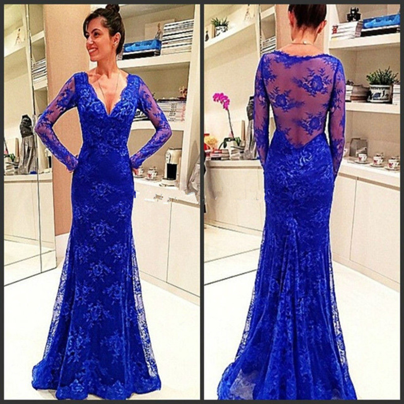 Glowing V-neck Prom Dresses ,sexy Long Sleeves Formal Gowns, Mermaid Evening Dresses ,long Royal Blue Pageant Dresses,long Lace Prom Dresses,prom