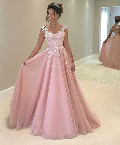High Fashion Pink Evening Dress, Chiffon Long Prom Dress, Appliques Prom Dress,party Dress,a-line Prom Dresses,prom Gowns,