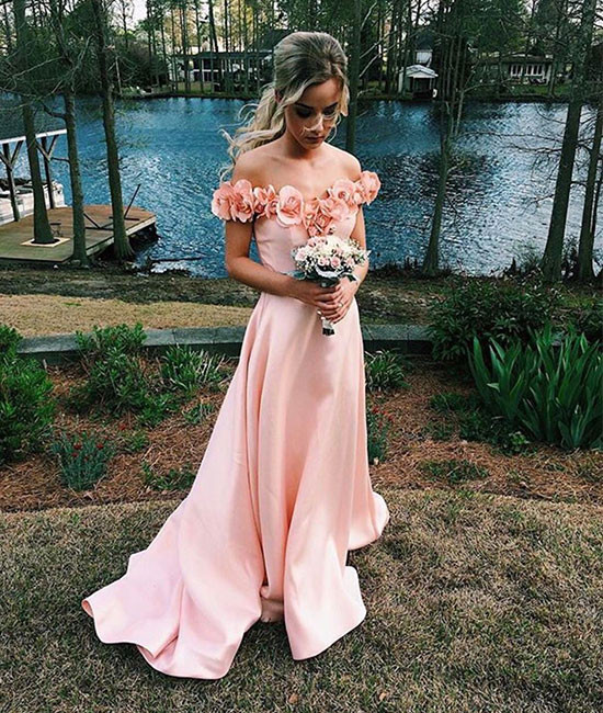 Petite Pink Off Shoulder Prom Dress,long Satin Evening Dresses,hand-made Flower,off-the-shoulder Prom Dresses,formal Gowns,graduation Dress,