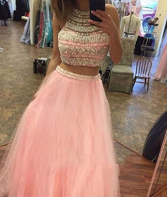 2017 Pink Sexy Evening Dress,two Pieces Evening Dress,tulle Long Prom Dresses, Formal Gowns,beading Prom Dresses,