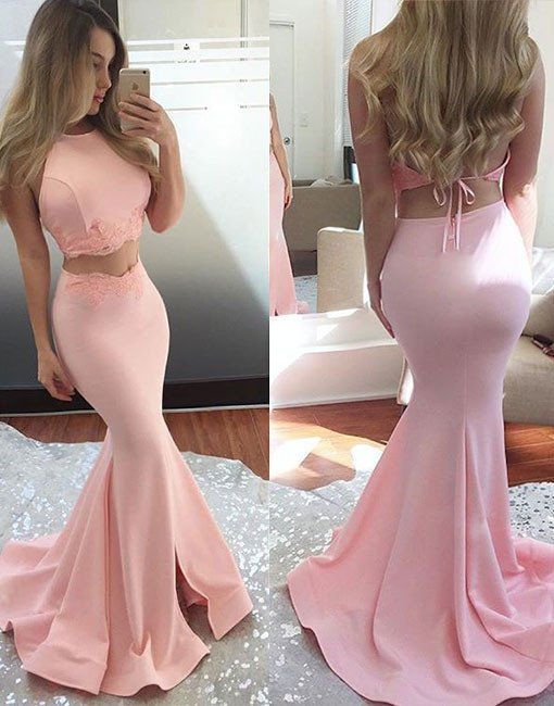 Pink Two-piece Prom Dress,2017 Pink Sexy Evening Dress, Long Mermaid Sleeveless ,chic Evening Gowns, Formal Gowns,beading Prom Dresses,