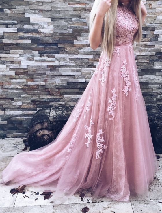 Unique Pink Tulle Lace Applique Long Prom Dress, Pink Formal Party Dresses