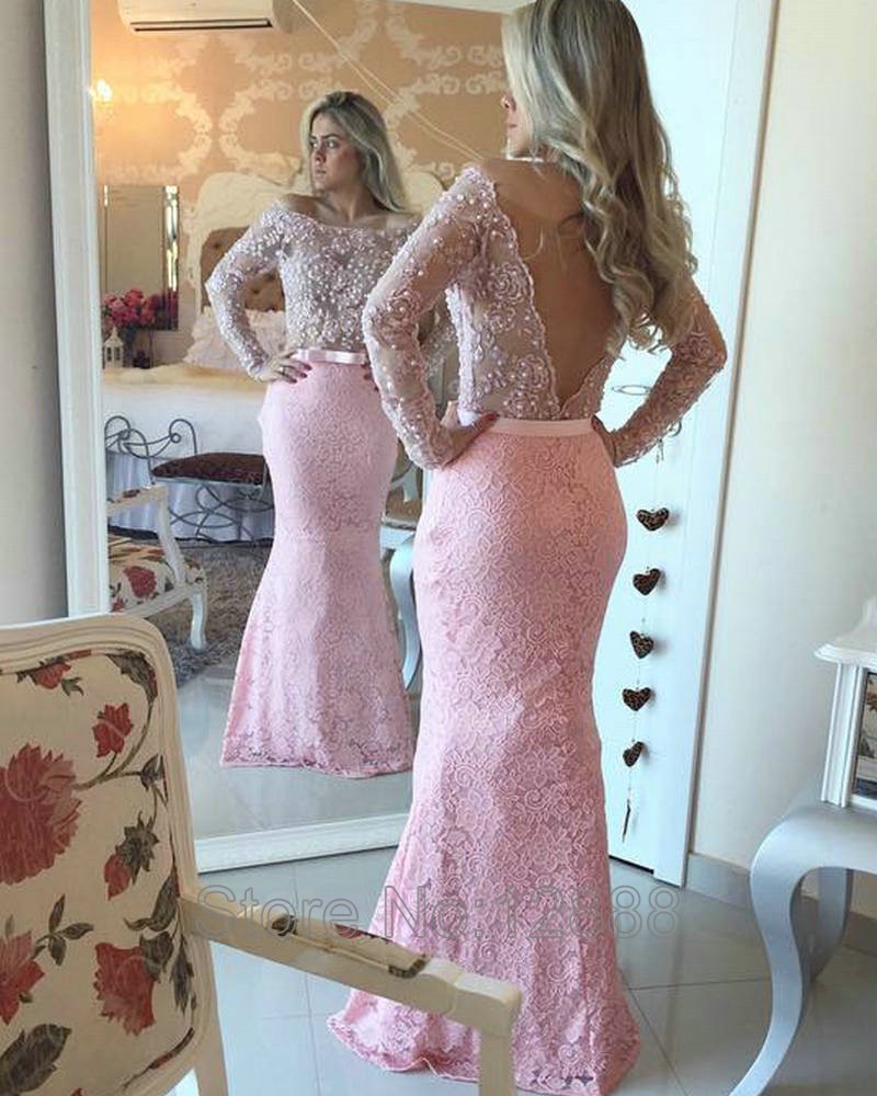 Pink Lace Prom Dress, Sexy Beading Evening Dress, V-back Prom Dresses,graduation Dress,v-neck Prom Dress,mermaid Prom Dresses,
