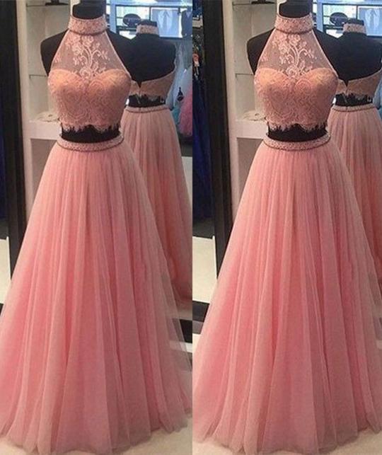 Charming Pink Two Pieces Lace A Line Halter Prom Dress,sexy Evening Dress,bridesmaid Dresses, Evening Dress,lace Prom Dresses,