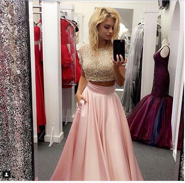Two Pieces Prom Dress 2 Pieces Prom Dresses Pink Pearls Bodice Evening Dress