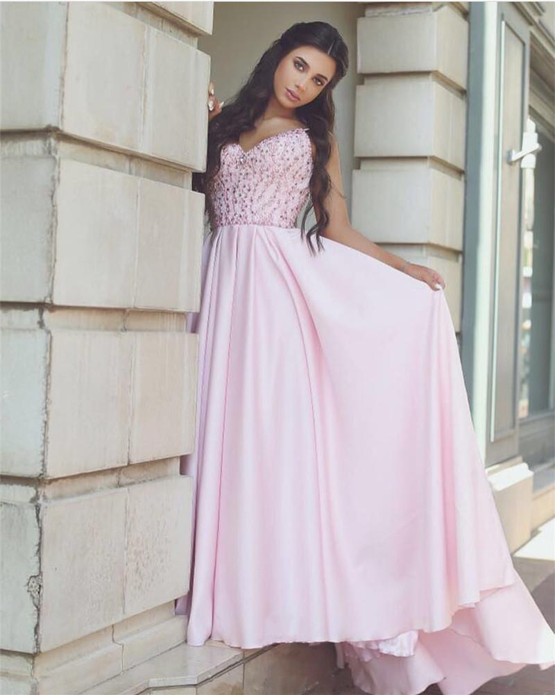 Charming Pink Two Pieces Lace A Line Pretty Pink Satin Backless Evening Gowns Beaded V Neck Long Prom Dresses 2018