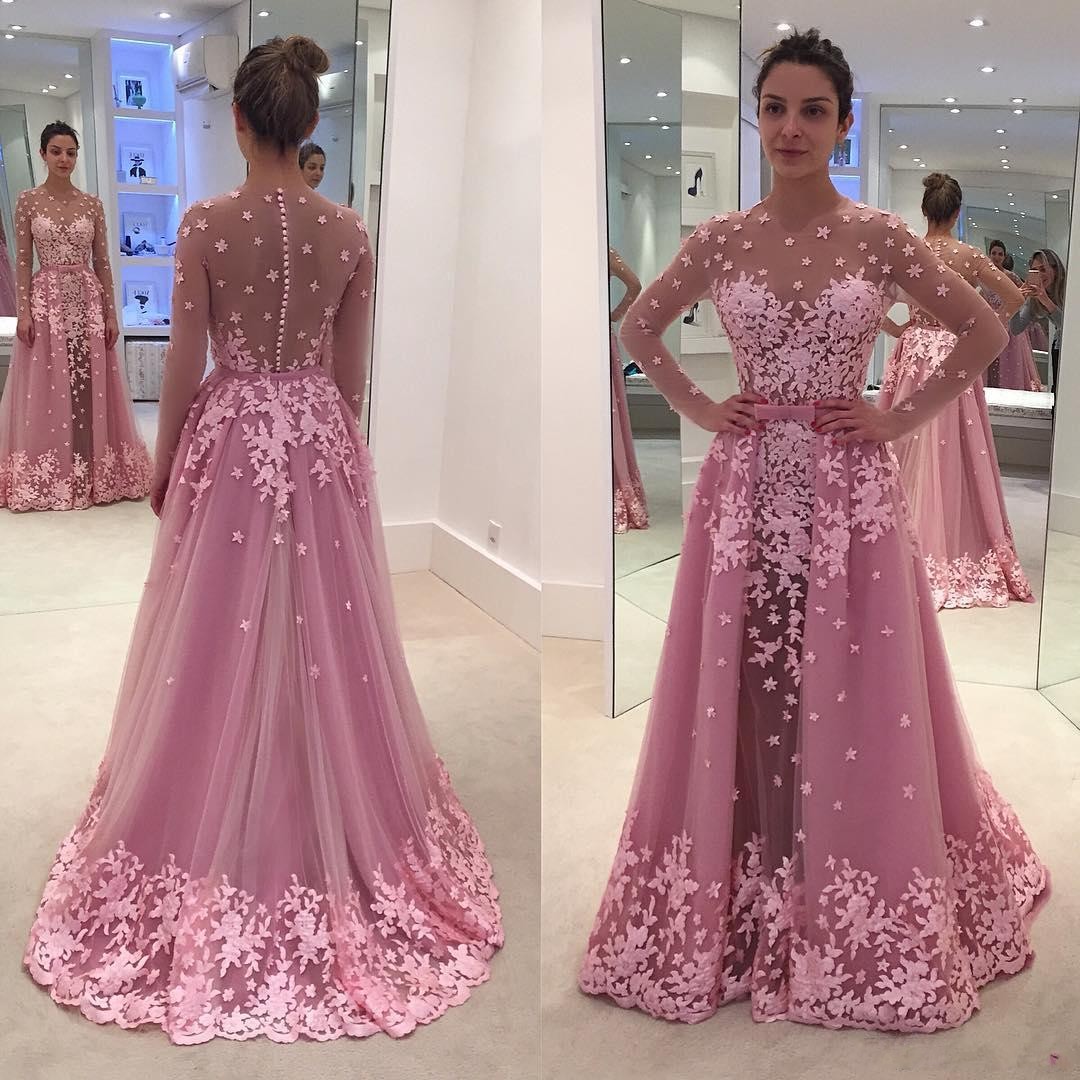 Pink Appliques Prom Dresses, Long Mermaid Prom Dress 2017, Long Sleeve Lace Evening Dresses, Sexy Sheer Prom Party Dresses, Arabic Dubai Style