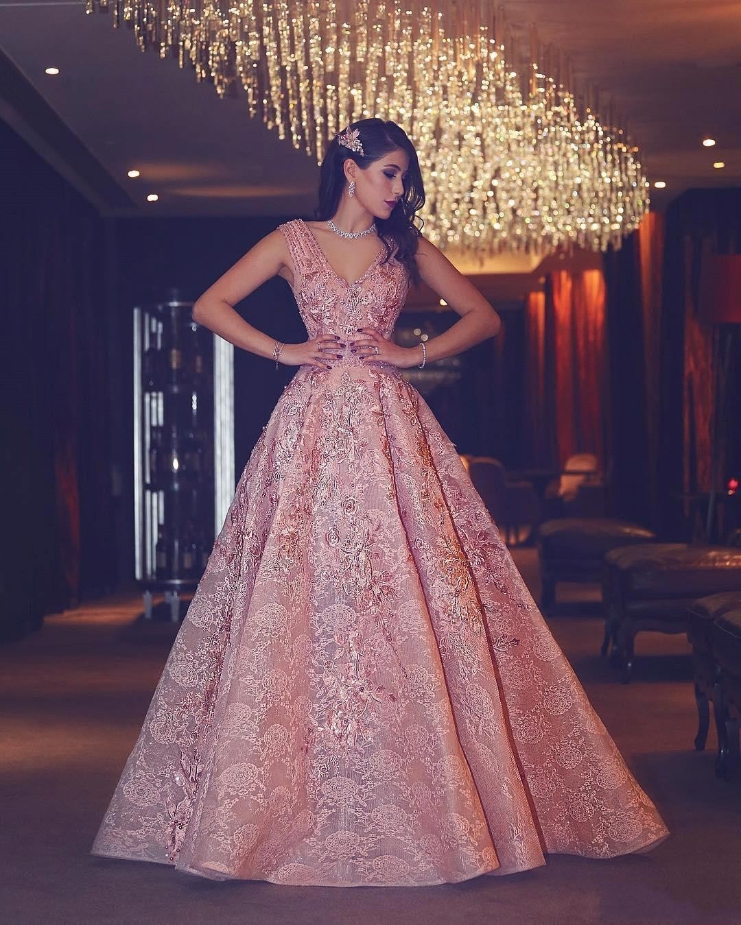 Luxury Evening Gown ,flowers Graduation Dress,puffy Pink V-neck Beading Lace Evening Gowns,long Prom Dress,fashion Dress,sexy Prom Dress,