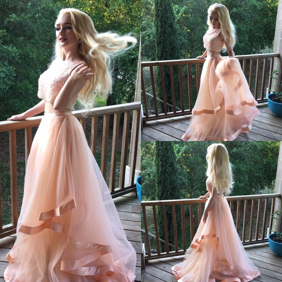 Beautiful Prom Dresses,Evening Dress,Party Dresses,Sexy 2 Pieces Prom Evening Dress,Beaded Bodice Prom Dress,Pink Ruffles Evening Party Gowns