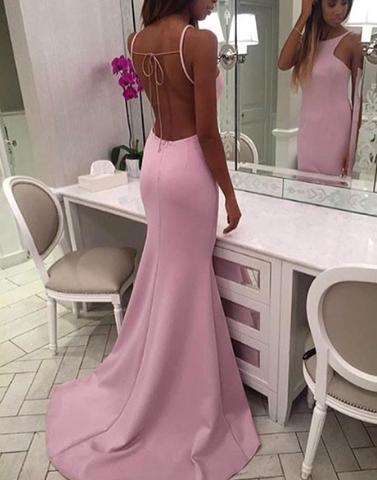 Formal Simple Pink Backless Sexy Mermaid Long Evening Dress Prom