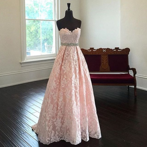 Gorgeous Strapless A-line Pink Long Lace Prom Dress Evening Dress,fashion Dress,evening Dress,graduation Dress,prom Gowns