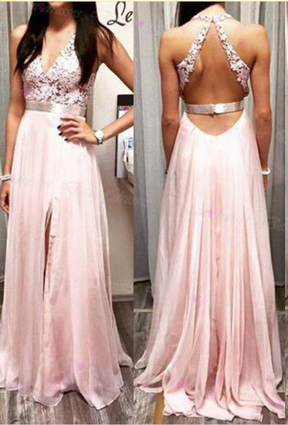 Charming Evening Dress,pink Evening Dress,lace Evening Dress,chiffon Evening Dress ,v Neck Evening,formal Gowns, Prom Dress,