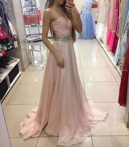 Pink Sweetheart Neck Chiffon Long Pom Dress For Grad,evening Dress, Evening Dress,sexy Evening Dress,formal Gowns,