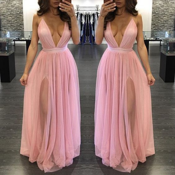 Pink V-neck Prom Dress， Evening Dress,long Evening Dress,prom Gowns,slit Party Gowns,chiffon Prom Dresses,