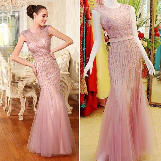 2017, Pink Evening Dress , Mermaid Evening Dress , Heavy Beads Evening Dress , Sleeveless Evening Dress , Pink Formal Dress For Women, Pink Prom