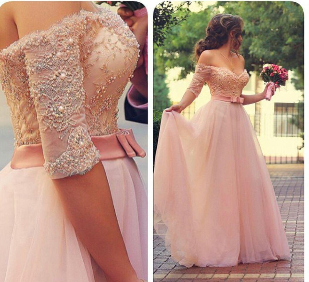 A-line Prom Dresses ,pink Prom Dresses,3/4 Length Sleeve Prom Dress,glam Evening Dress,lace Prom Dress,