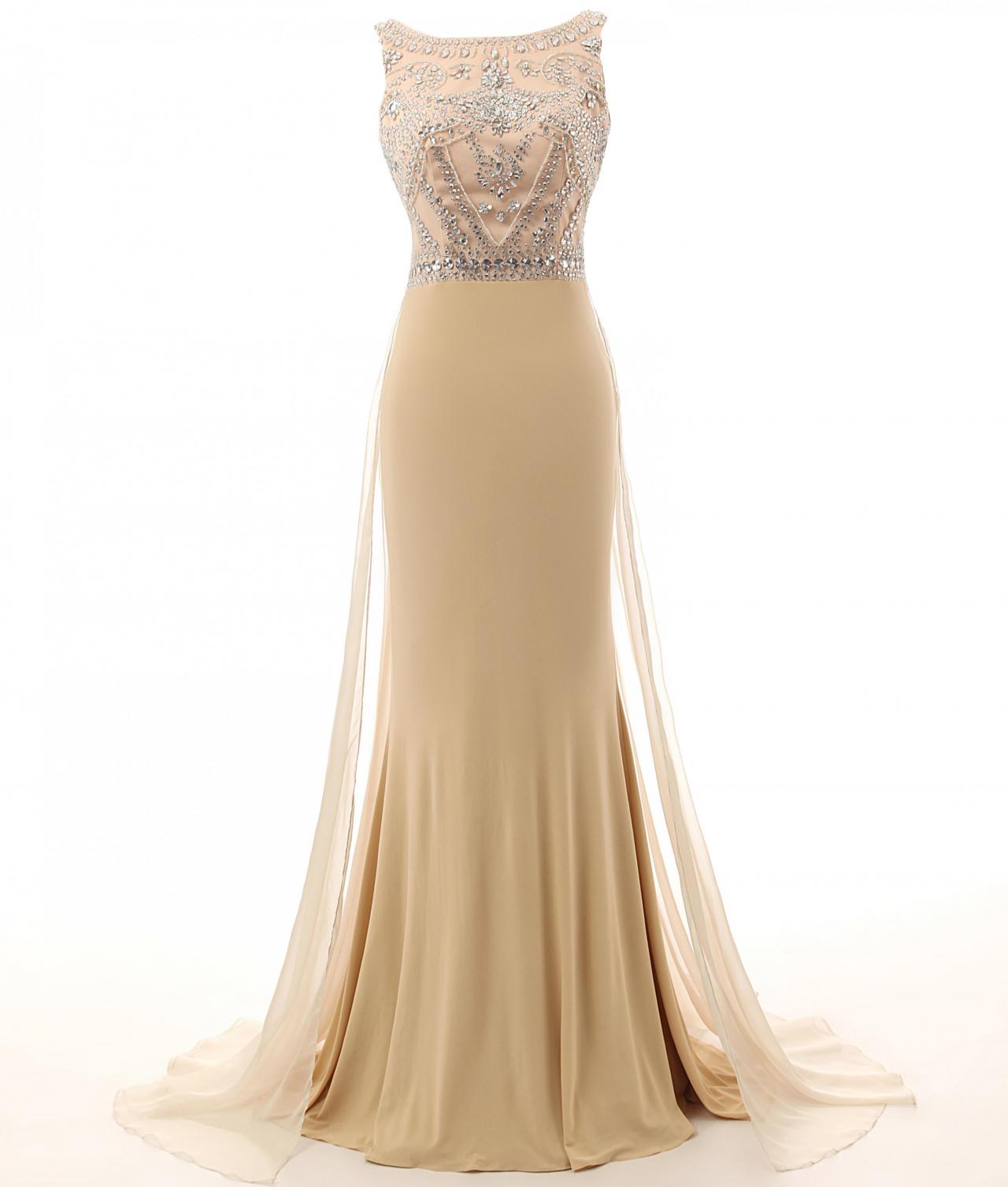 Charming Mermaid Prom Dresses,champagne Cap Sleeves Beading Long