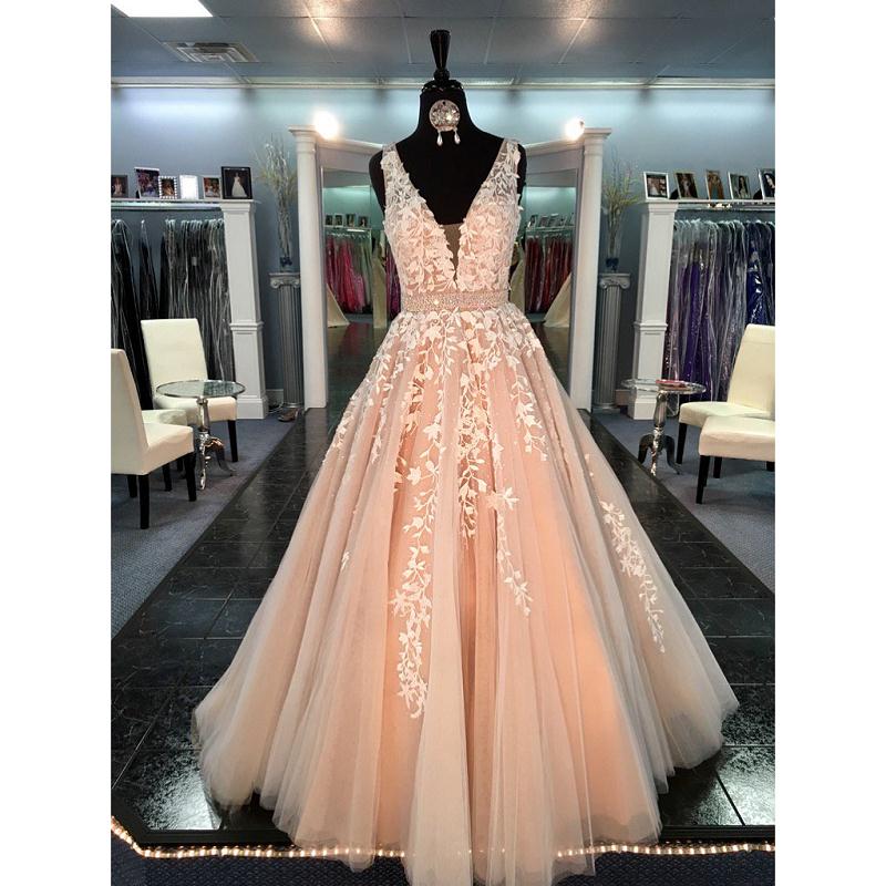 Champagne Prom Dresses,lace Prom Dresses,appliqued Tulle Formal Evening Gowns.custom Made