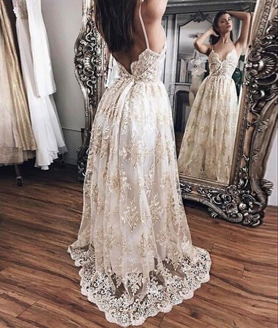 Champagne A-line Prom Dresses ，graduation Dress,formal Dress,lace Evening Dress,2017 Prom Gown,spaghetti Straps Lace Prom Dress, Prom Dress,