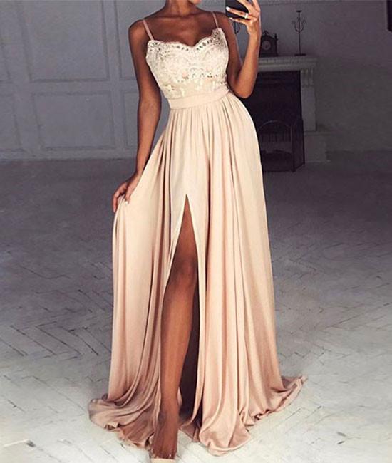 Spaghetti Straps Champagne Evening Dress,chiffon Prom Dress ,elegant Evening Gowns,lace Prom Dress，graduation Dress Slit Party Gowns,