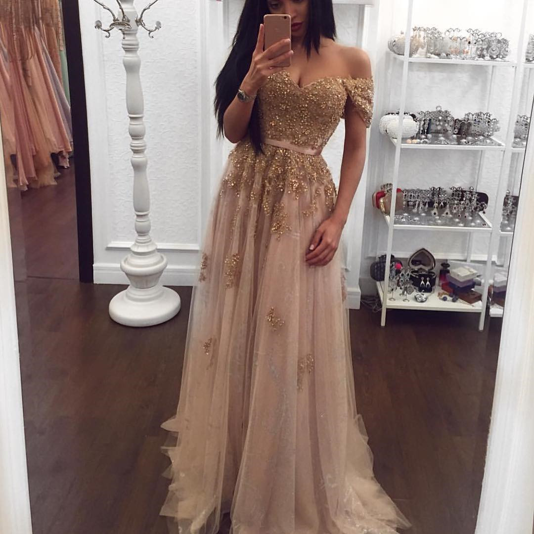 Champagne Color Prom Dresses Sexy Beading Prom Gown , With Cap Sleeve Formal Dress, Evening Dress,