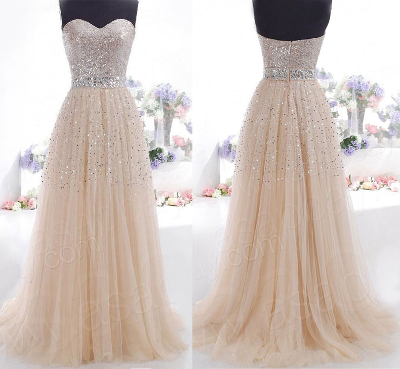 Gorgeous Strapless Sequin Prom Dress,champagne Long Prom Dresses,rhinestone,beading Graduation Dress,bridesmaid Dresses,