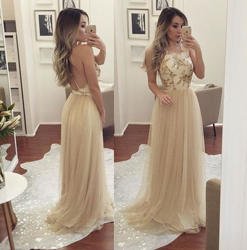 Champagne Tulle Backless Long Prom Dress, Sexy Prom Dress, Backless Prom Dress, Prom Dress, Evening Dress