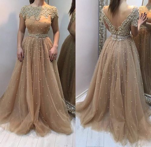 Champagne Tulle Backless Long Prom Dress, Sluxurious A-line Long Champagne Cap Sleeves Prom Dress, Backless Prom Dress, Prom Dress, Evening Dress