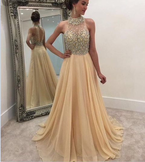 A-line Long Champagne Cap Sleeves Prom Dress, Backless Prom Dress, High  Neck Champagne Prom Gown, Be on Luulla