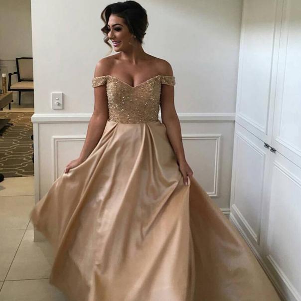 Charming Off Shoulder Evening Dress,prom Dress With Sweep Train,stunning Beading Champagne Prom Dress,elegant Party Dress