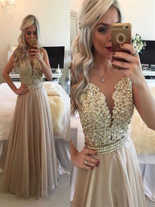 2017 Champagne Prom Dress,a Line Round Neck Sleeveless Long Champagne Prom Dress,champagne Formal Dress,champagne Evening Dresses,open Back