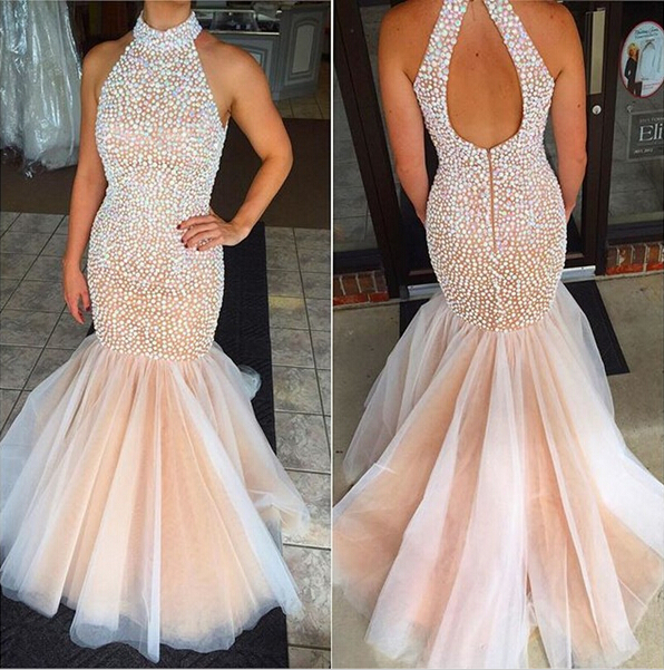 Champagne Prom Dresses,mermaid Prom Gowns,tulle Prom Dresses,beading Prom Dresses,mermaid Prom Gown,2016 Prom Dress,backless Evening Gonw With