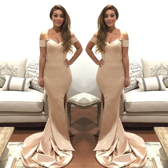 Sexy Champagne Mermaid Prom Dress,off The Shoulder Formal Dress With Side Slit