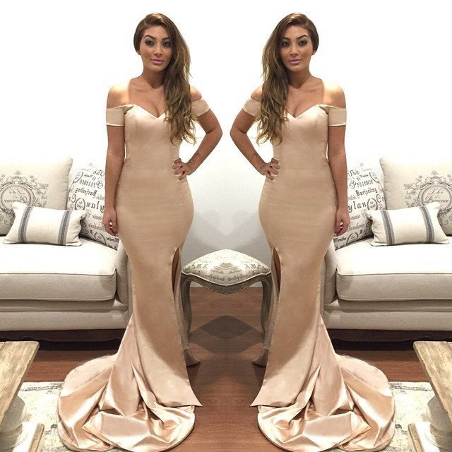 fitted lace wedding dress Gold Sequin Lace Mermaid Prom Dresses with Slit Off The Shoulder Evening Dress 24023 Gold / Custom Size